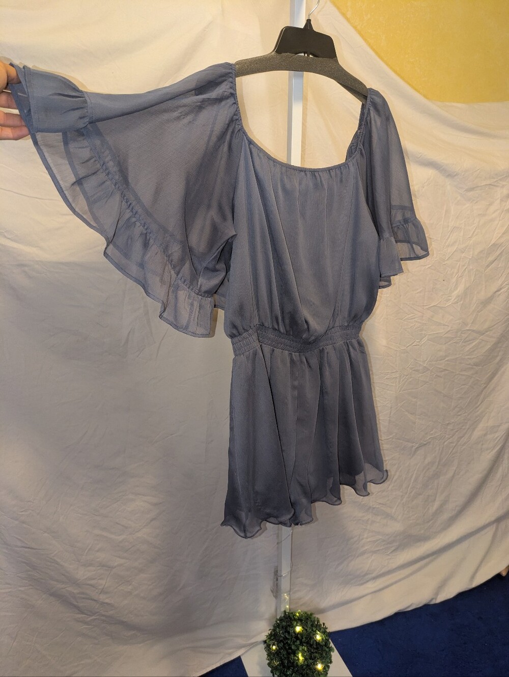 Endless Rose Off-the-Shoulder Ruffle Sleeve Romper in Slate / Dusty Blue - Size